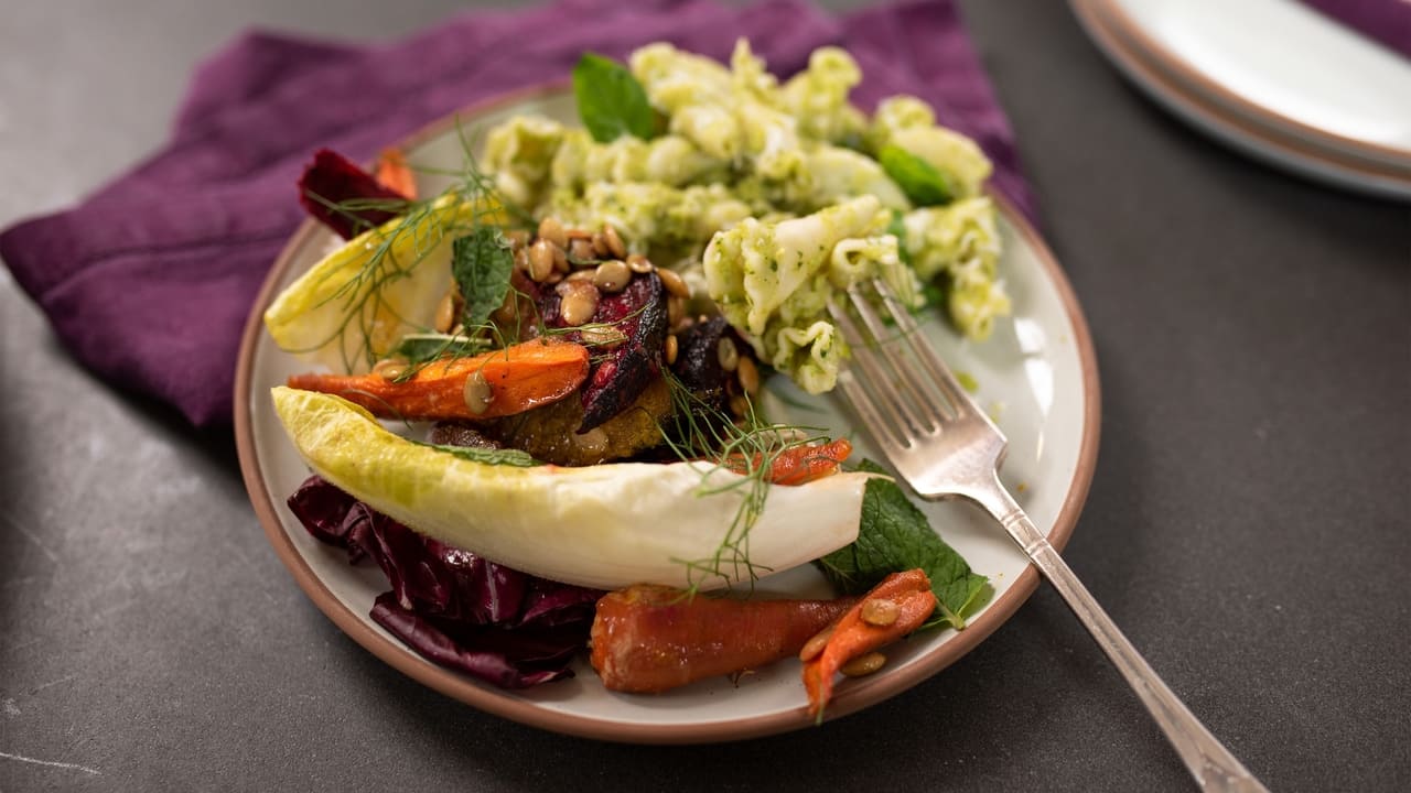 Broccoli Pesto Pasta and Roasted Vegetable Salad