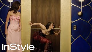 Nina Dobrev Sarah Hyland  Nicole Cogan  2020 Golden Globes Elevator  InStyle  shorts