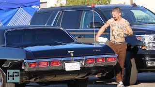 Shia LaBeouf Shirtless and Tatted up While Cleaning Car in Between Takes of The Tax Collector