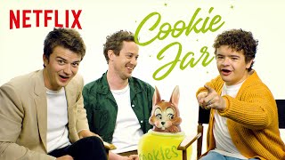 Joe Keery Gaten Matarazzo and Joseph Quinn Answer To a Nosy Cookie Jar  Stranger Things  Netflix
