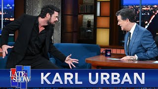 Karl Urban And Stephen Colbert Shoot Laser Powers At Each Other