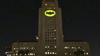 Full BatSignal lighting in honor of Adam West Batman at Los Angeles City Hall