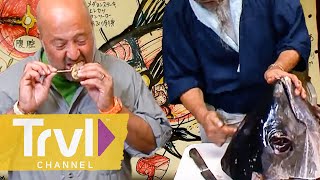 Eating Rare Parts of a Tuna  Bizarre Foods with Andrew Zimmern  Travel Channel