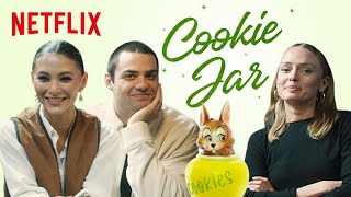 Noah Centineo Fivel Stewart and Laura Haddock Answer to a Nosy Cookie Jar  The Recruit  Netflix