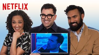 Dan Levy Ruth Negga and Himesh Patel React to Scenes from Good Grief  Netflix