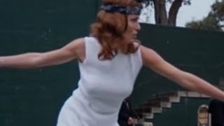 Joanna Cassidy practices tennis braless in The Outfit 1973