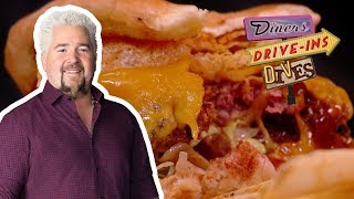 BBQ Burger Topped with PORK Rinds  Diners Driveins and Dives with Guy Fieri  Food Network
