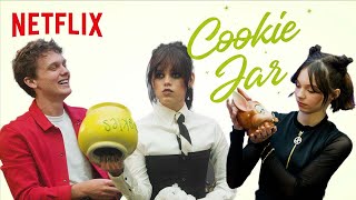 Jenna Ortega Emma Myers and Hunter Doohan Answer To a Nosy Cookie Jar  Wednesday  Netflix