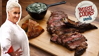 Anne Burrell Makes Ribeye with Pommes Chef Anne and Creamed Spinach  Worst Cooks in America