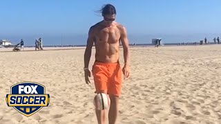 Zlatan Ibrahimovic sets himself up for scissor kick on the beach