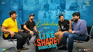 Celebrities about Like Share  Subscribe  Santosh Shobhan  Faria Abdullah  Merlapaka Gandhi