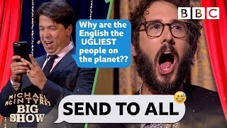 Josh Groban CRINGING with embarassment  as Michael steals his phone to TRASH the UK  Send To All